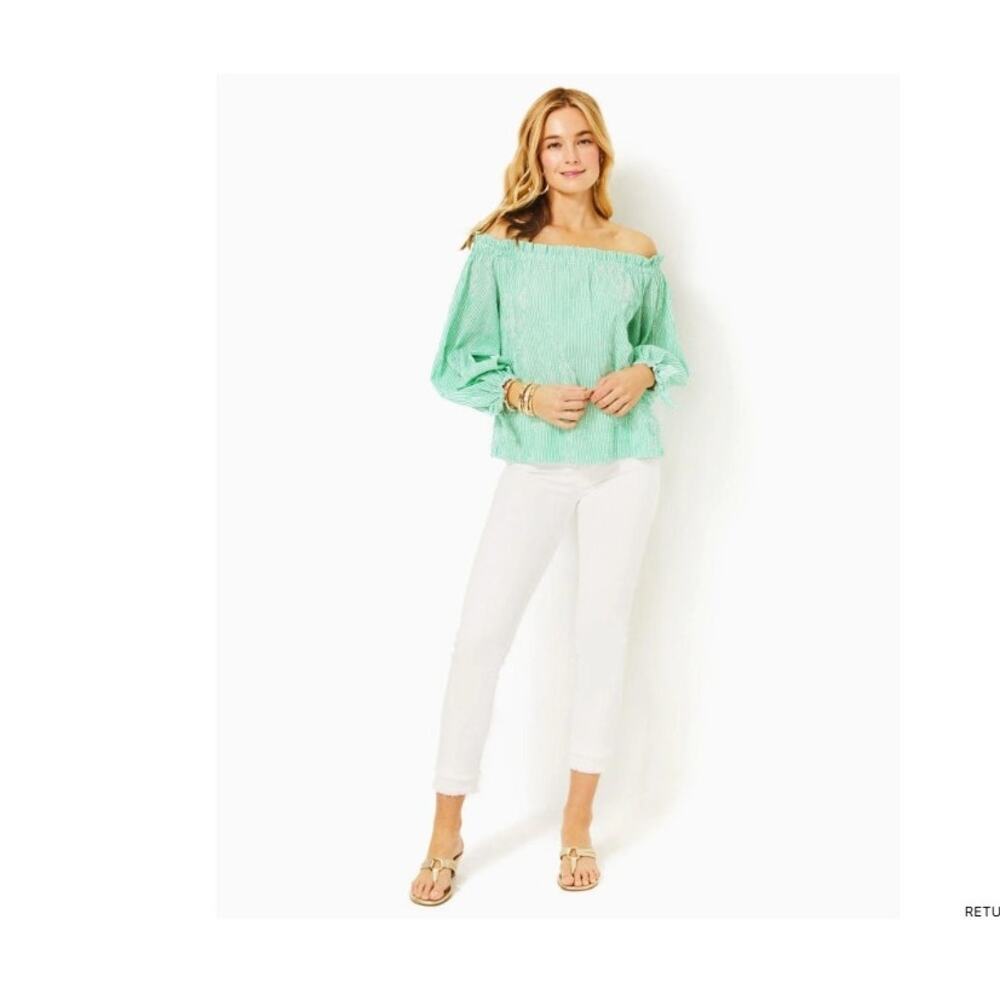 Lilly Pulitzer Jamielynn Off-the-Shoulder Top, Green & White | Size XS